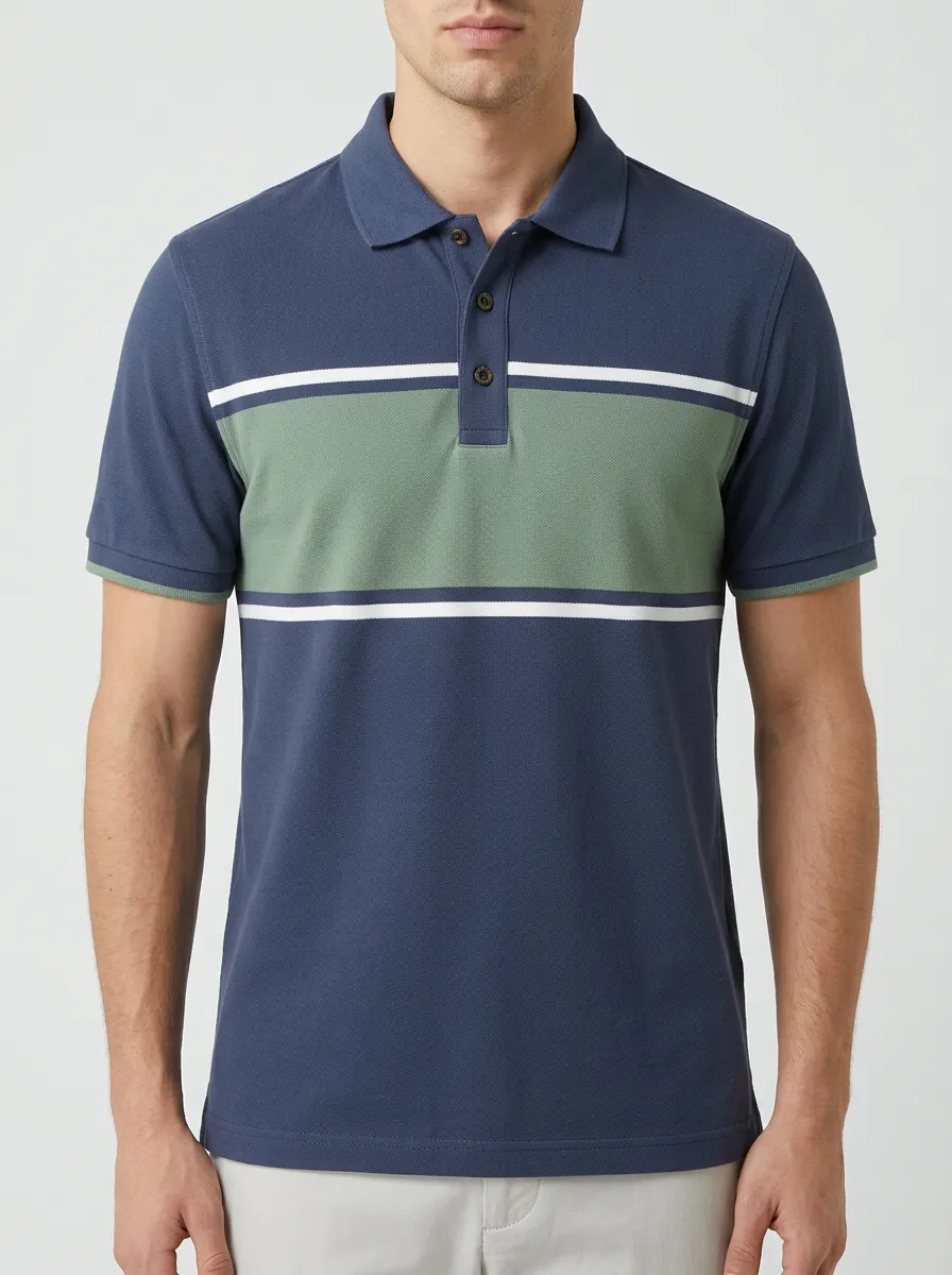 Men's Classic Ribbed Textured Striped Colorblock Polo Shirt
