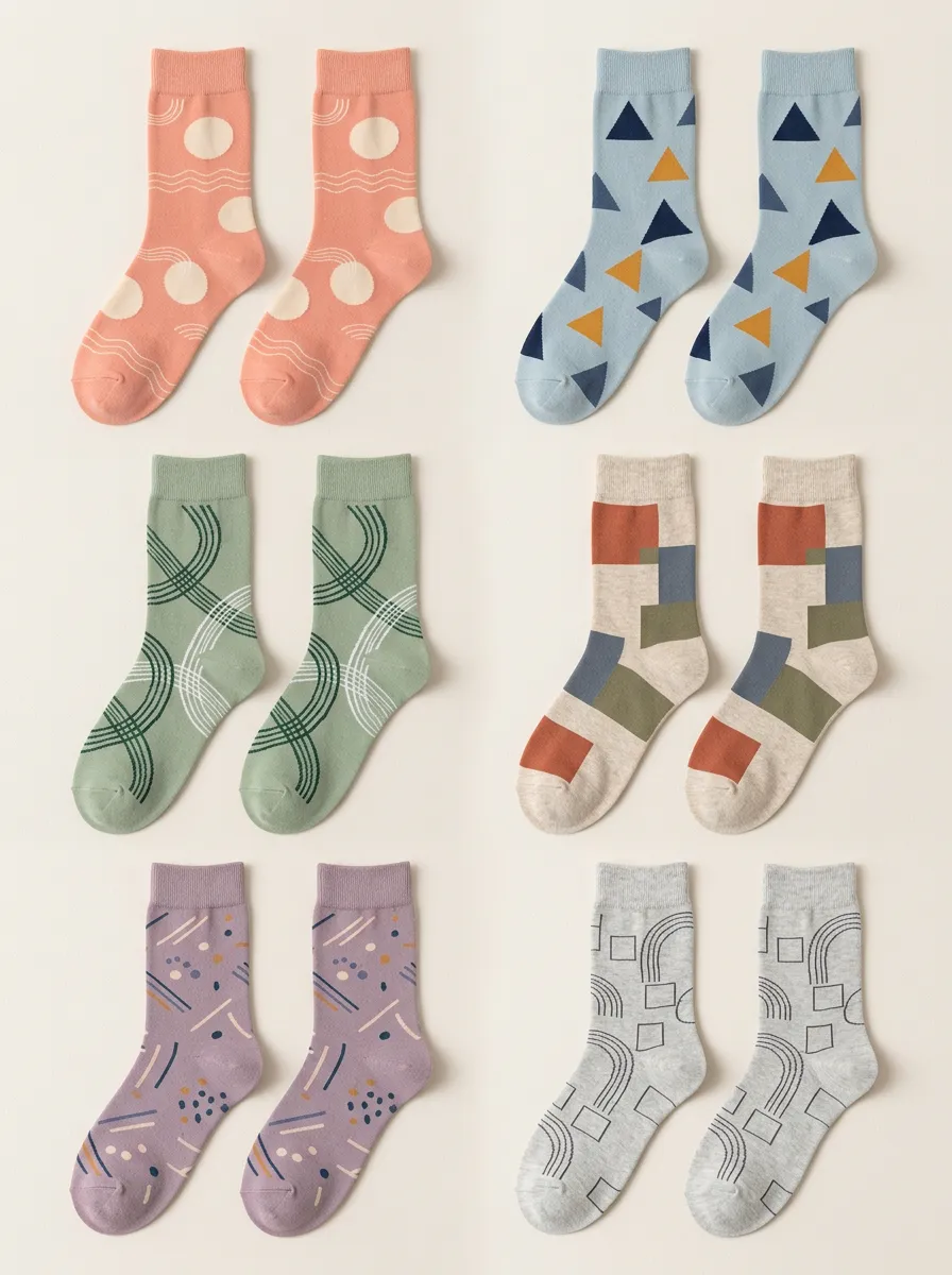 Women's Geometric Abstract Polka Dot Crew Socks Six Pair Set