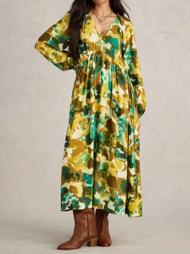 Yellow V-Neck Midi Dressin