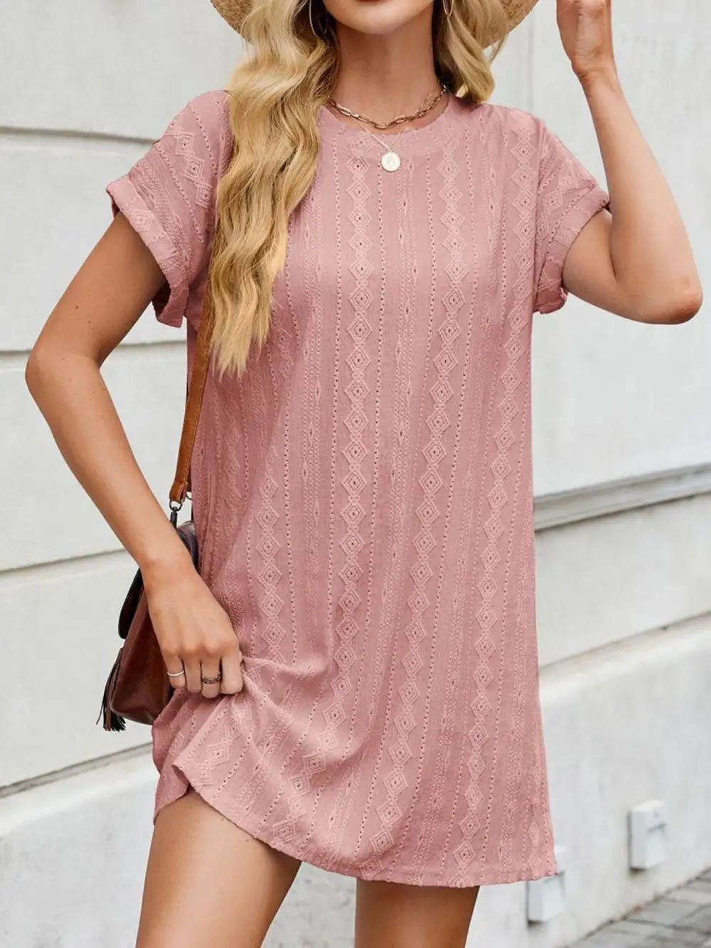 Eyelet Round Neck Mini Dress
