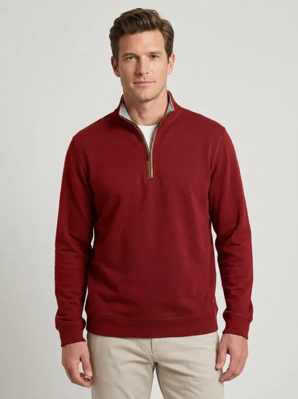 Men's Faux-Leather-Trim Stand-Collar Quarter-Zip Sweatshirt
