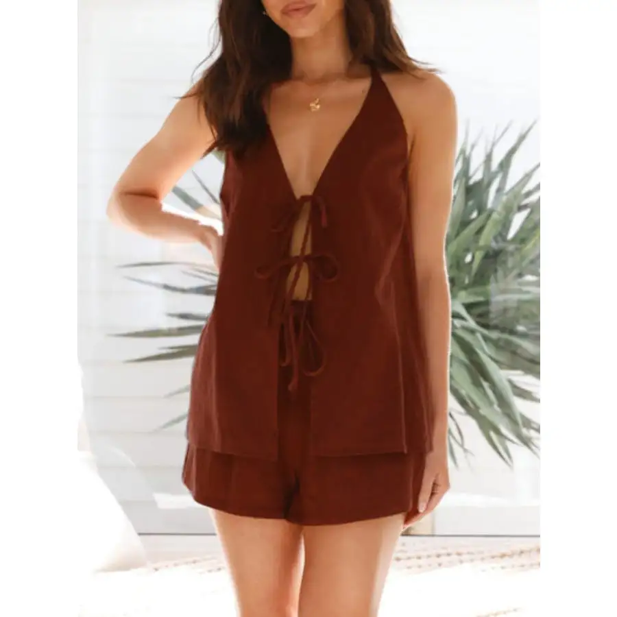Tied Front Halter Neck Top and Shorts Set