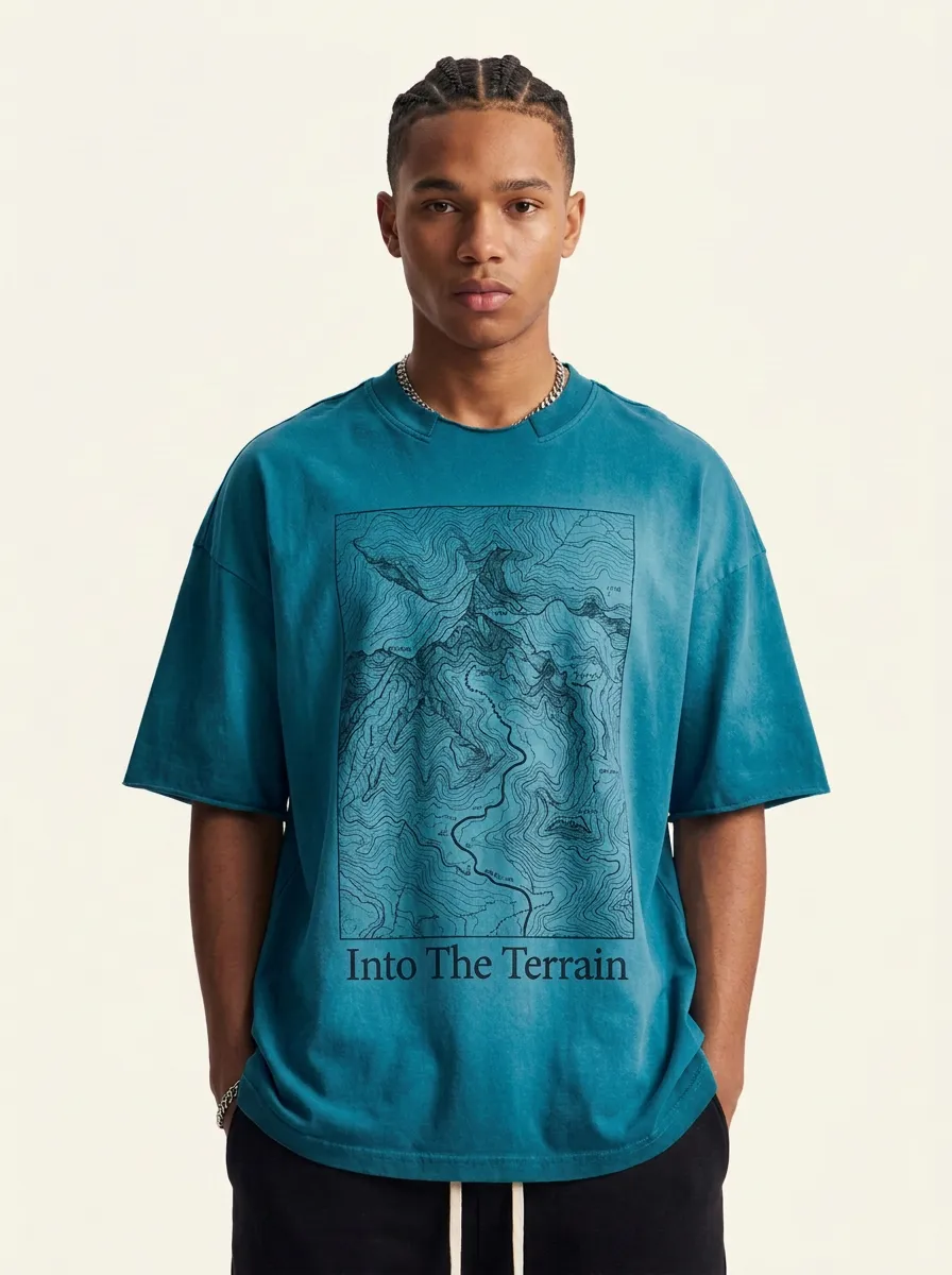 Men's Oversized Trail Seeker Outdoor Hiking Into The Terrain Topographic Map Graphic T-Shirt