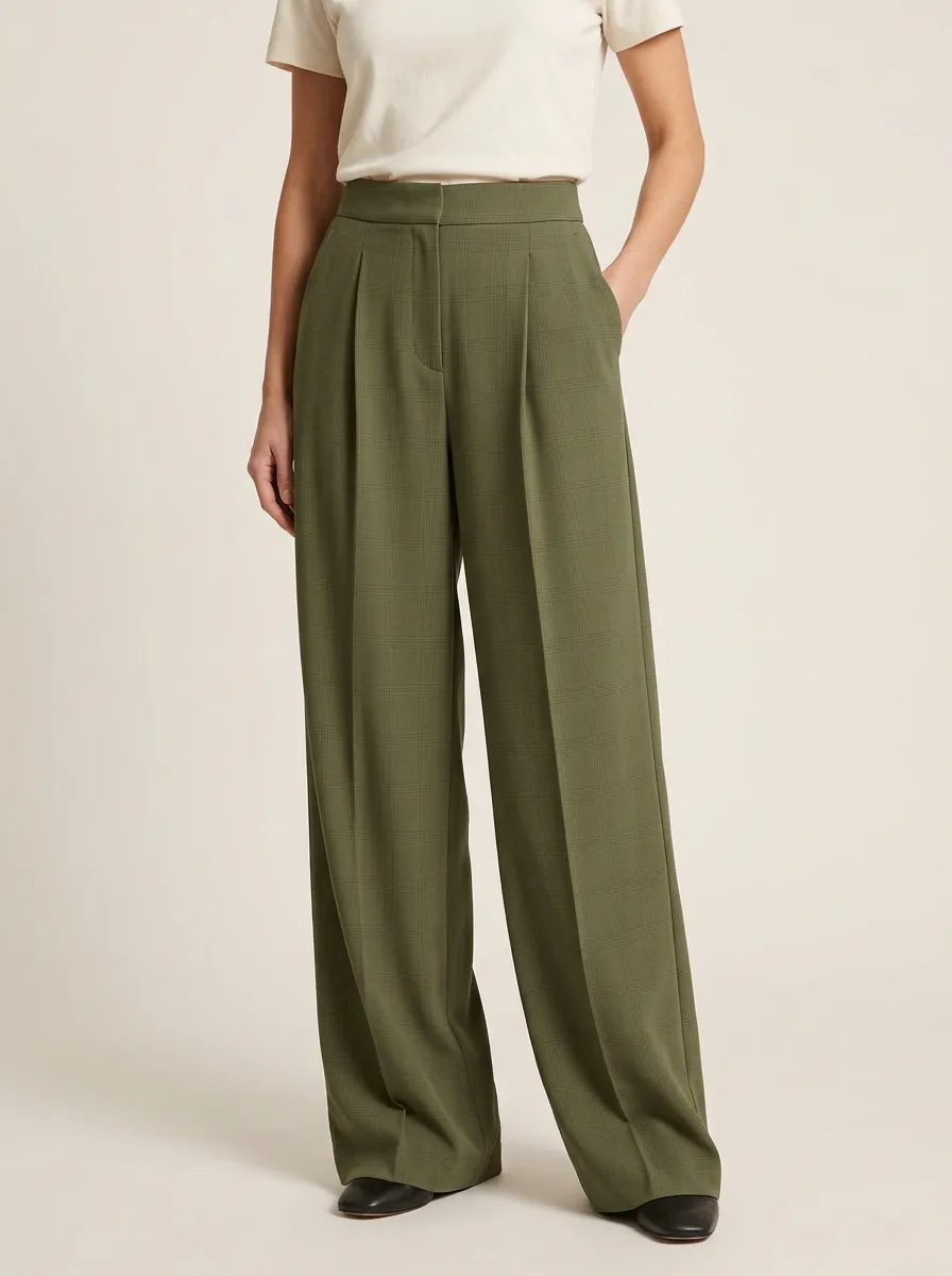 Textured Wide-Leg Plaid Printed Women's Wide-Leg Pants