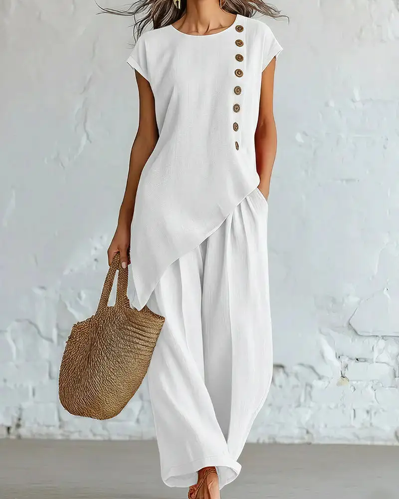 Asymmetrical Button Top and Wide-Leg Pants Lounge Set