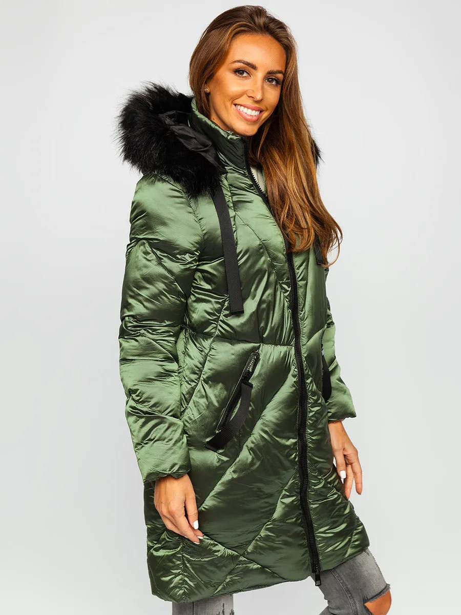 women's green quilted winter jacket with hood