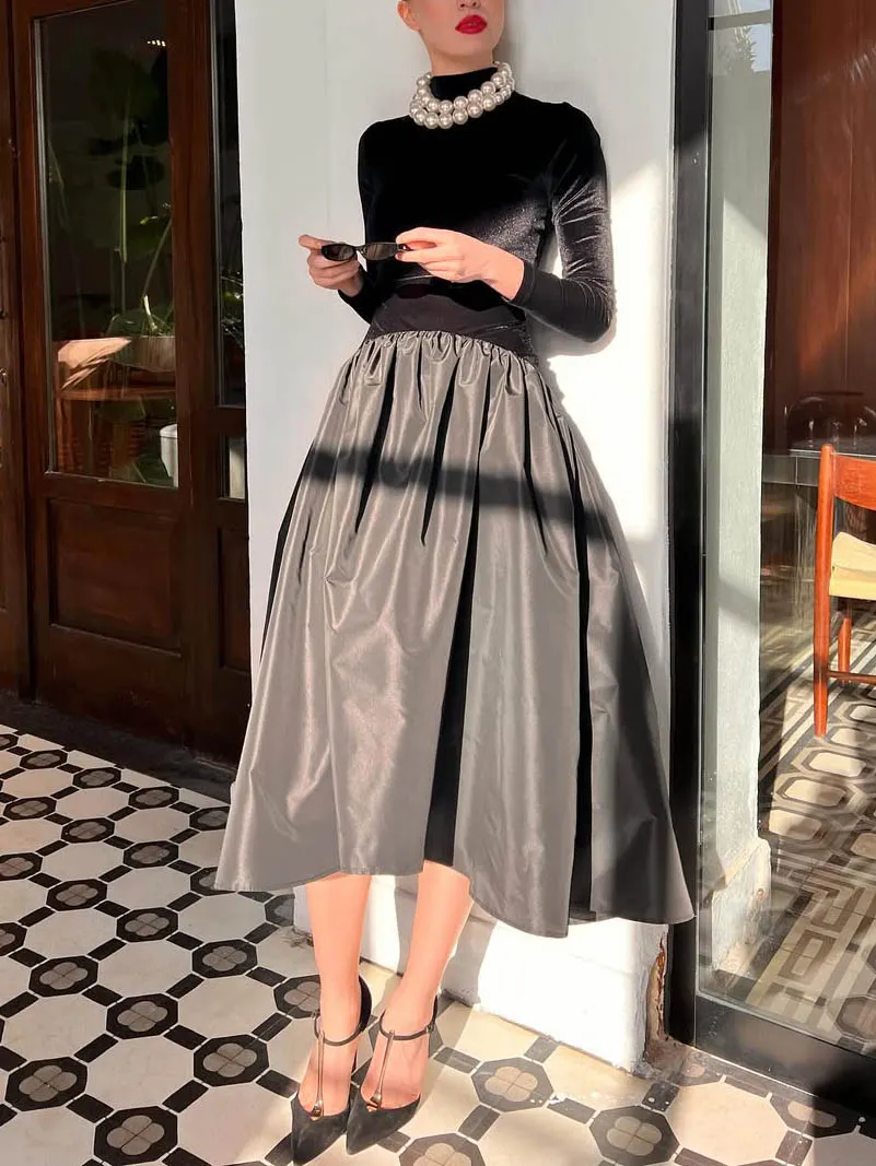 Elegant High Neck Velvet Patchwork Midi Dress