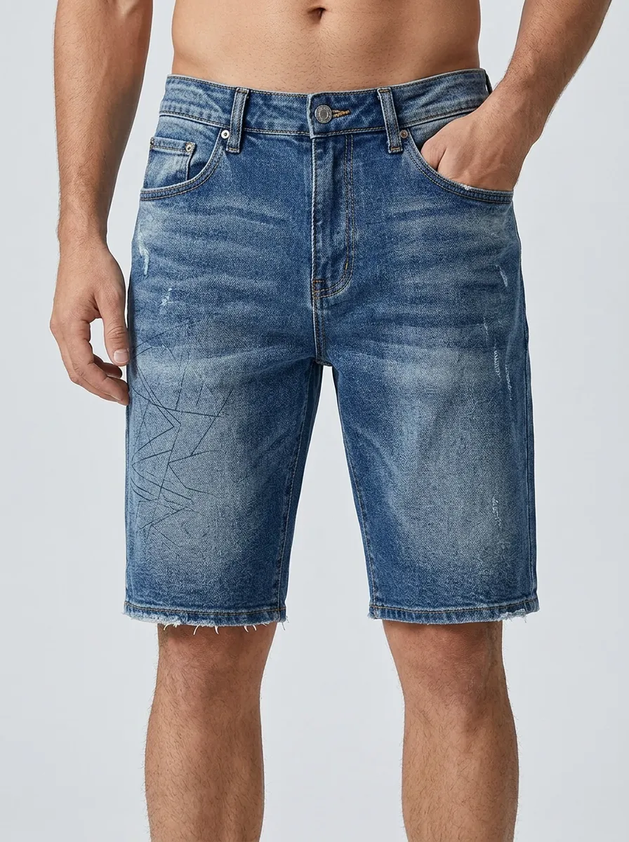 Men's Geometric Distressed Raw Hem Line Graphic Distressed Denim Shorts