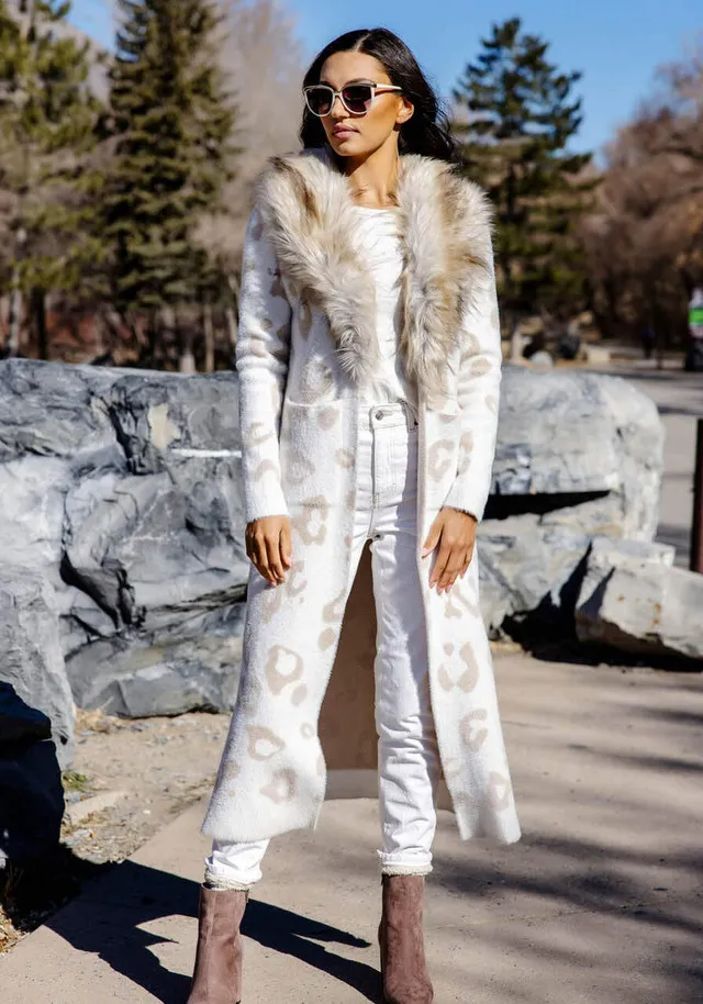 Lvory Leopard Fox Collar Duster Sweater