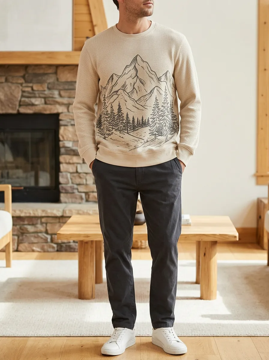 Men's Beige Mountain Graphic Printed Waffle Crewneck Sweatshirt