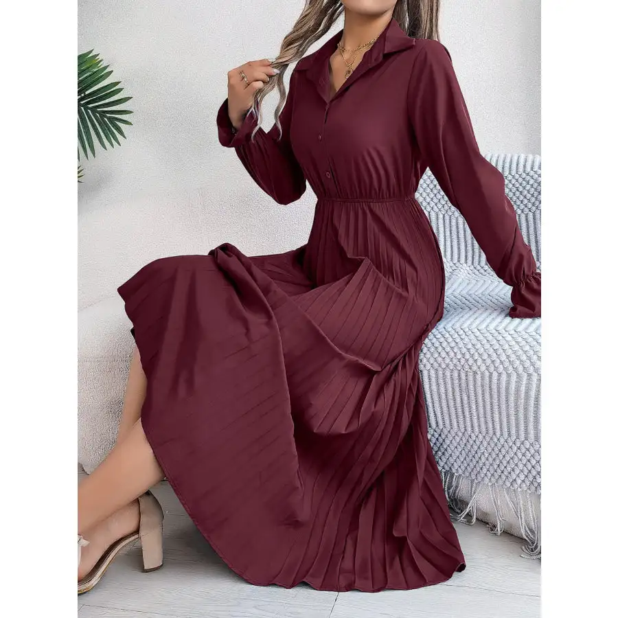 Pleated Half Button Long Sleeve Midi Dress