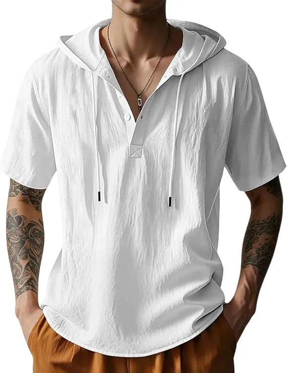 Men's Cotton Linen Short Sleeve Hooded Shirt