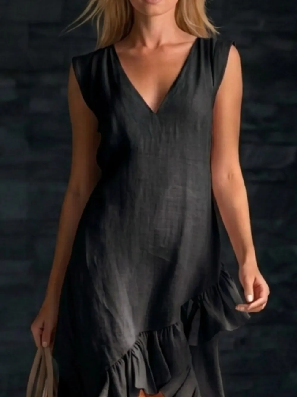 Structured Shape V Neck Ruffle Sleeveless Dress