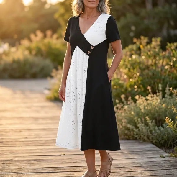 V Neck Diagonal Patchwork Midi Dress