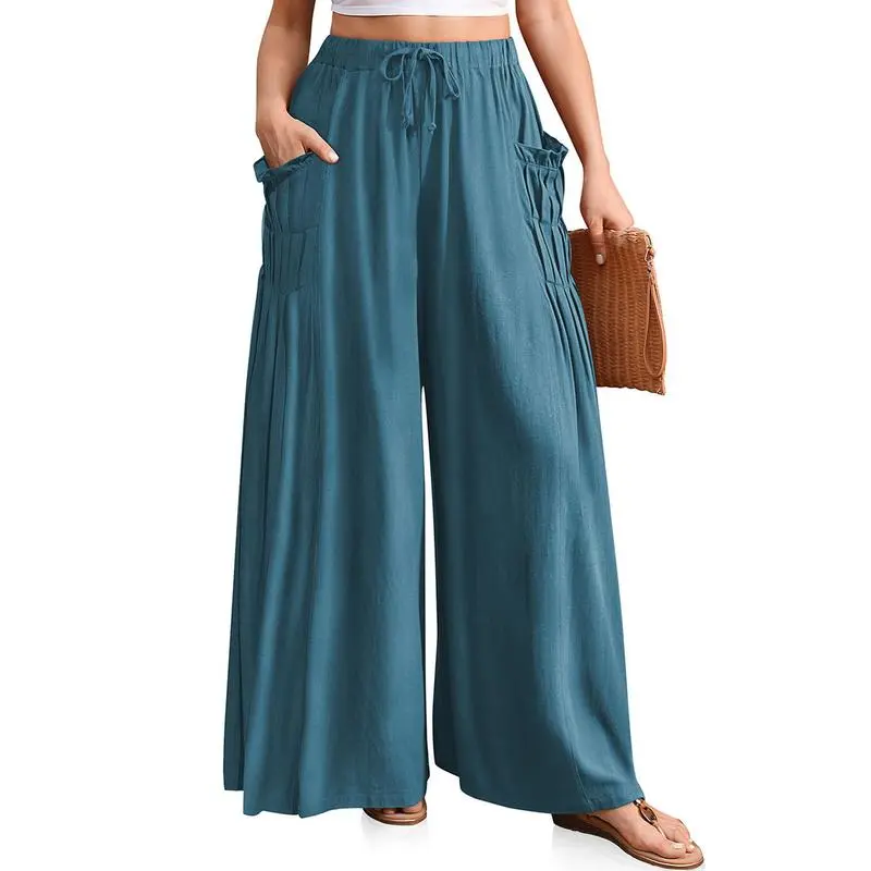 Women Linen Palazzo Pants Loose Fit Boho Wide Leg Summer Lounge Trousers Plus Size Drawstring Waist Casual Beach Travel Vacation Outfits woman wide leg pant