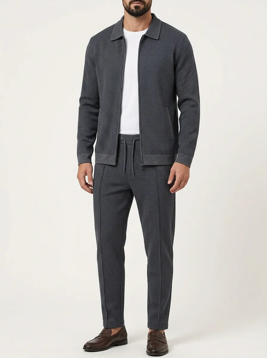 Men's Casual Textured Polo Collar Jacket and Jogger Pants Set