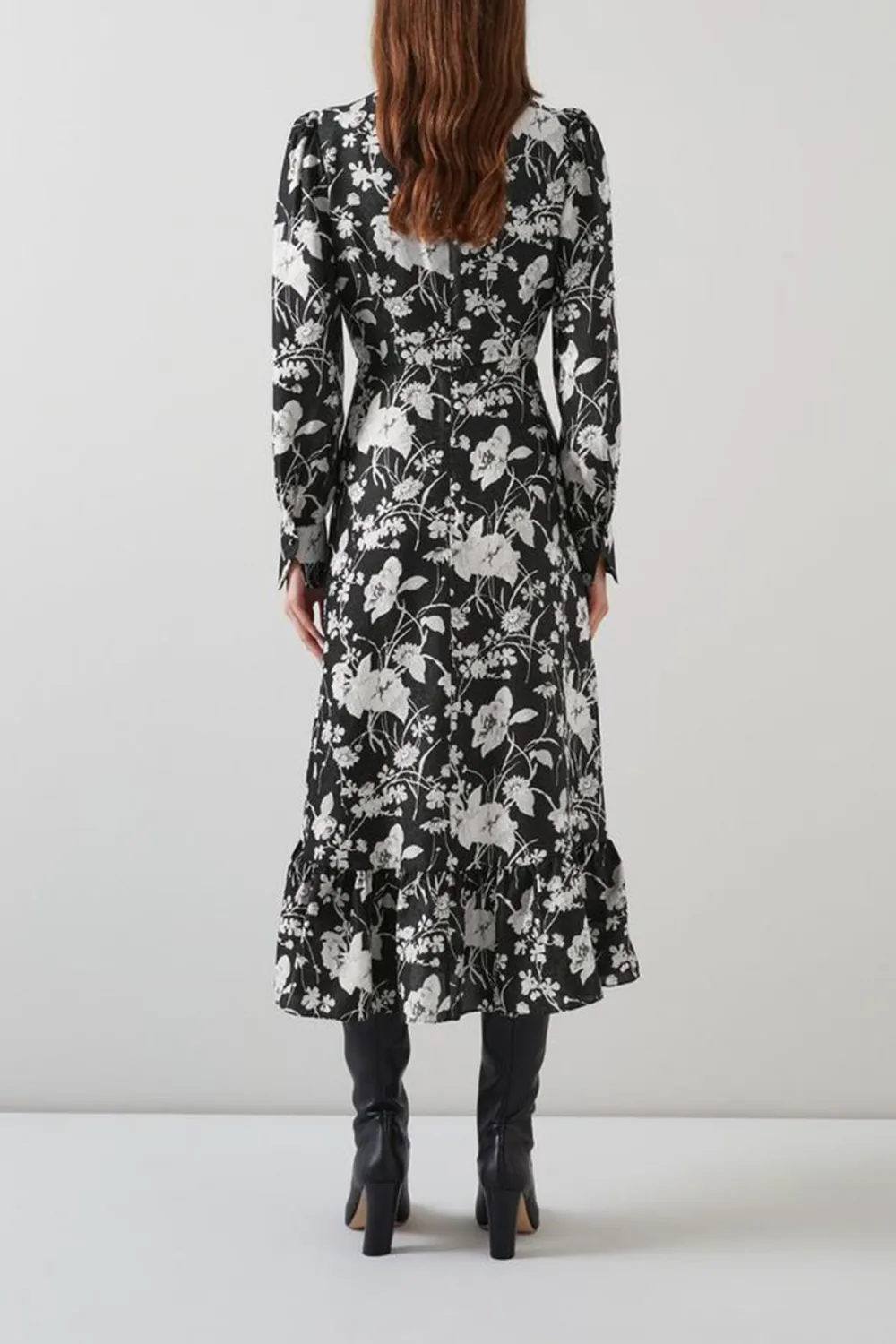 Black White Floral Print Long Sleeve Midi Dress