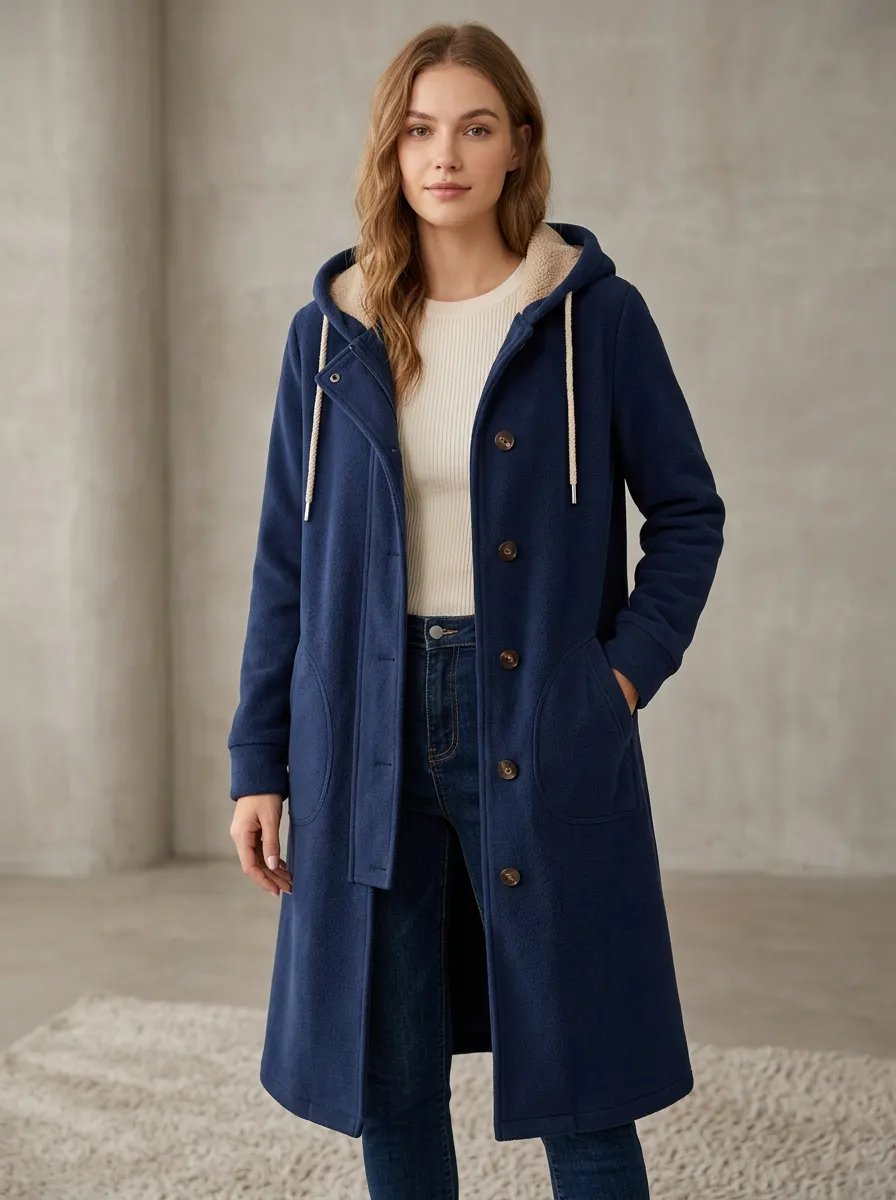 Soft-Texture Fleece-Lined Long Hooded Coat