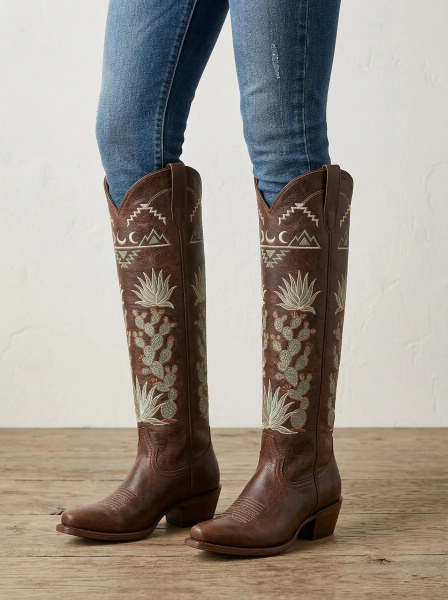 Women's Western Cactus Geometric Embroidered Stacked-Heel Mountain Denim Over-the-Knee Boots