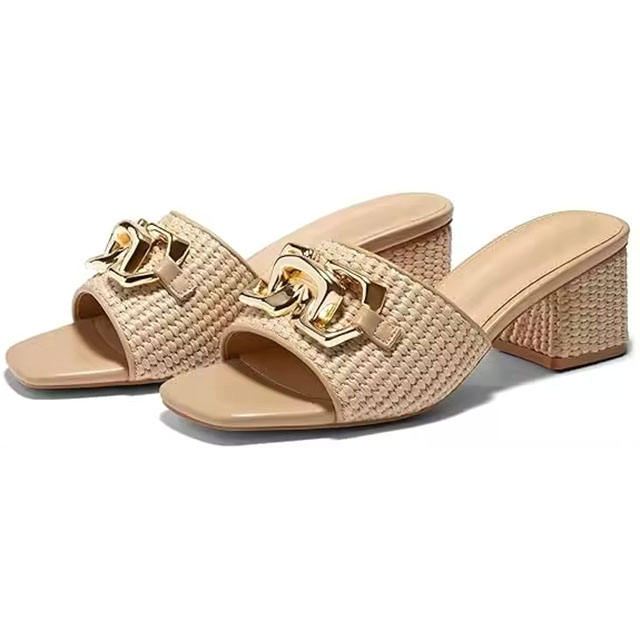 Verona Gold Chain Raffia Chunky Heel Sandals
