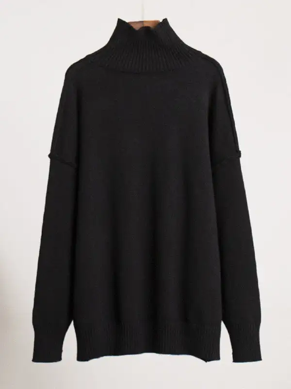 Paneled High Neck Long Sleeve Relaxed Fit Easy Fit Pullover Sweater