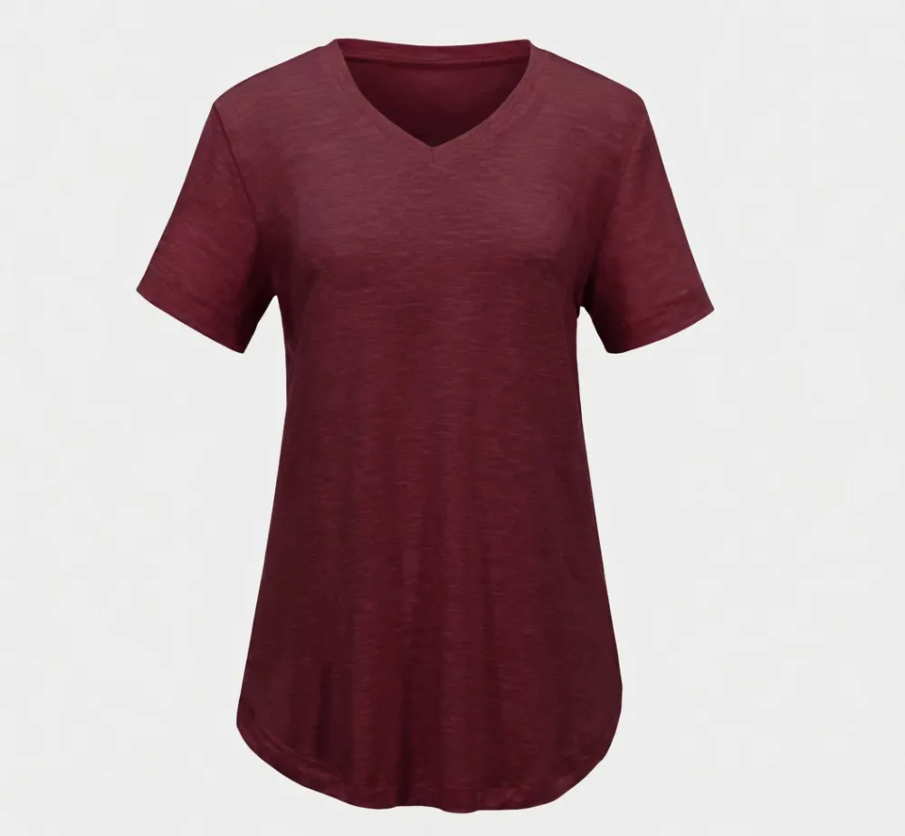 Women's Casual V-Neck Solid Color T-Shirt with Curved Hem