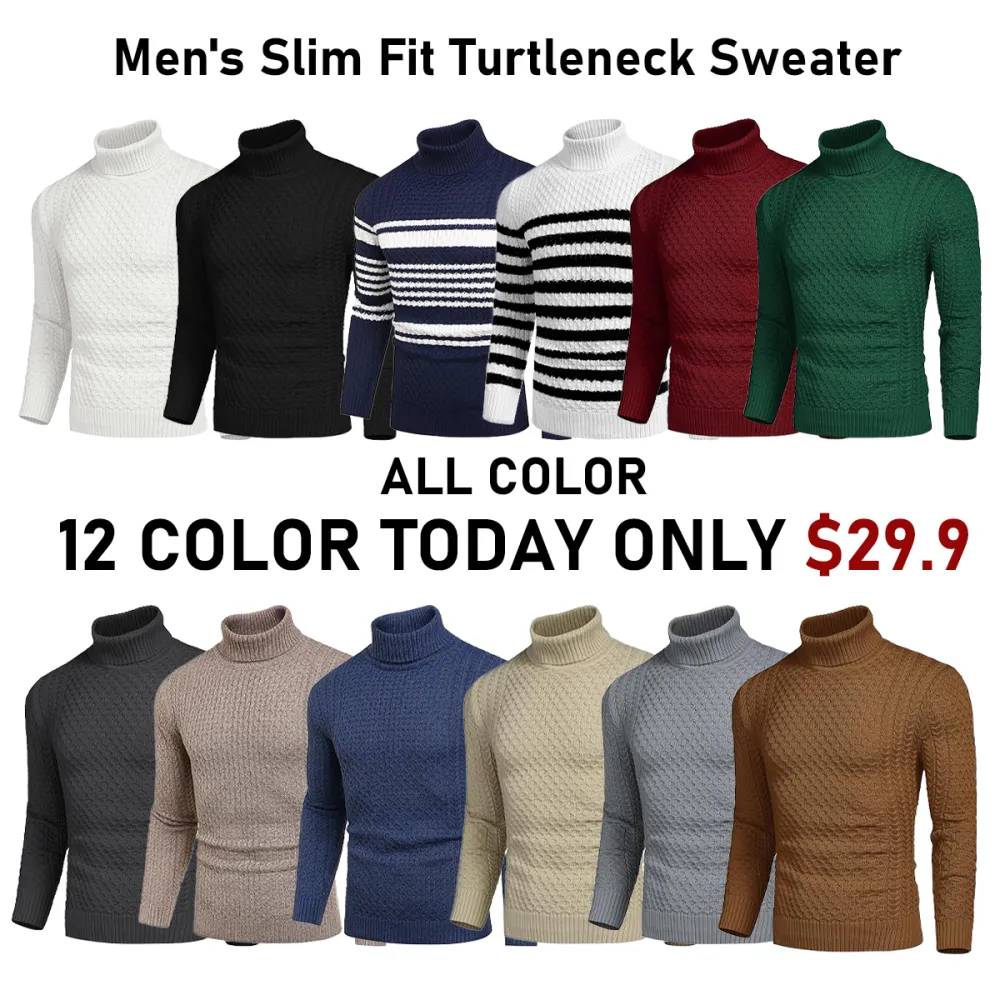 Men's Slim Fit Turtleneck Sweater Casual Knitted Twisted Pullover Solid Sweaters PACKAGE SET