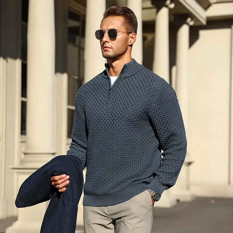 Men's Quarter-Zip Sweater Polo Zip Up Pullover Cable Knit Turtleneck Tops Long Sleeve