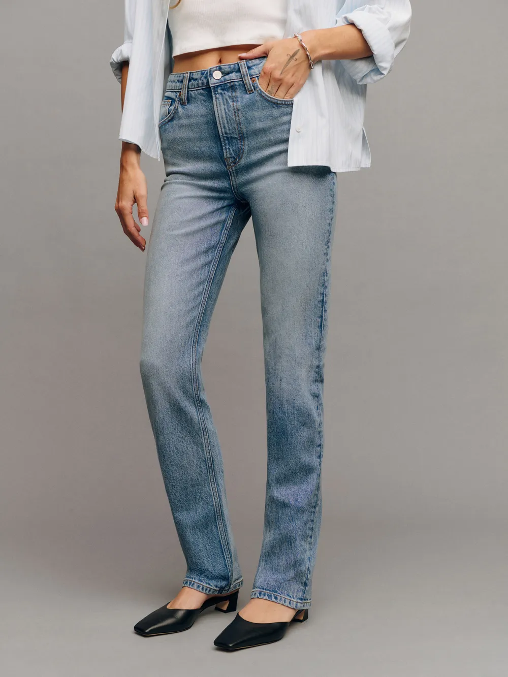 Stretch High Rise Straight Leg Jeans