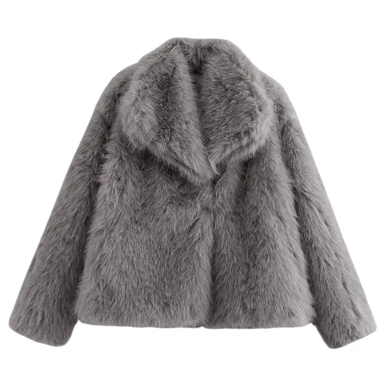 Women's Luxurious Oversize Solid Color Wide Lapel Snap Closure Fuzzy Thermal Outerwear, Fall & Winter Long Sleeve Outerwear, Faux Fur Outfit