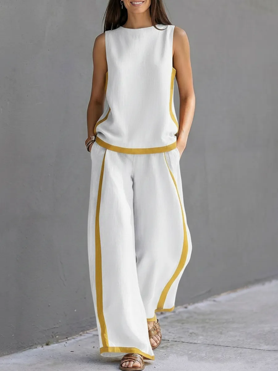 High Waist Round Neck Top And Pants Set
