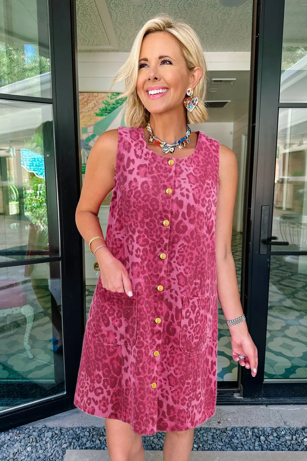 Animal Print Denim Button Front Dress Casual