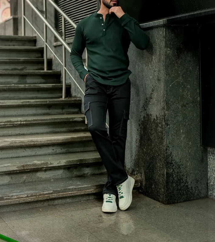 Dark Green Long Sleeve Henley Casual Shirt