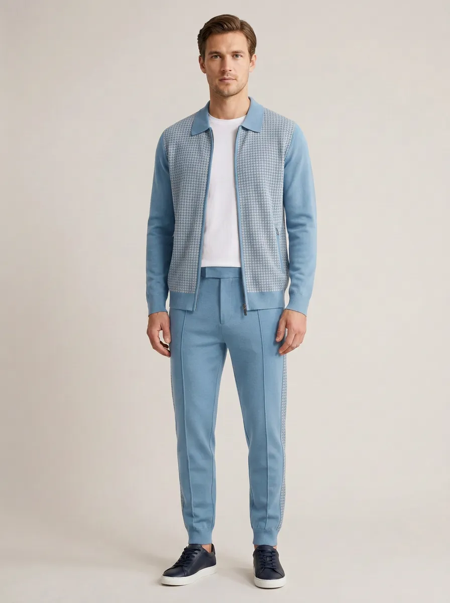 Men's Boho Inspired Houndstooth Polo Collar Jacket and Jogger Pants Set