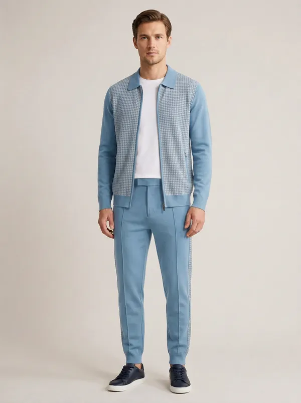Men's Boho Inspired Houndstooth Polo Collar Jacket and Jogger Pants Set