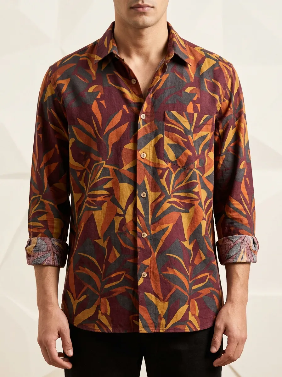 Men's Tropical and Botanical Button Down Long Sleeve Shirt