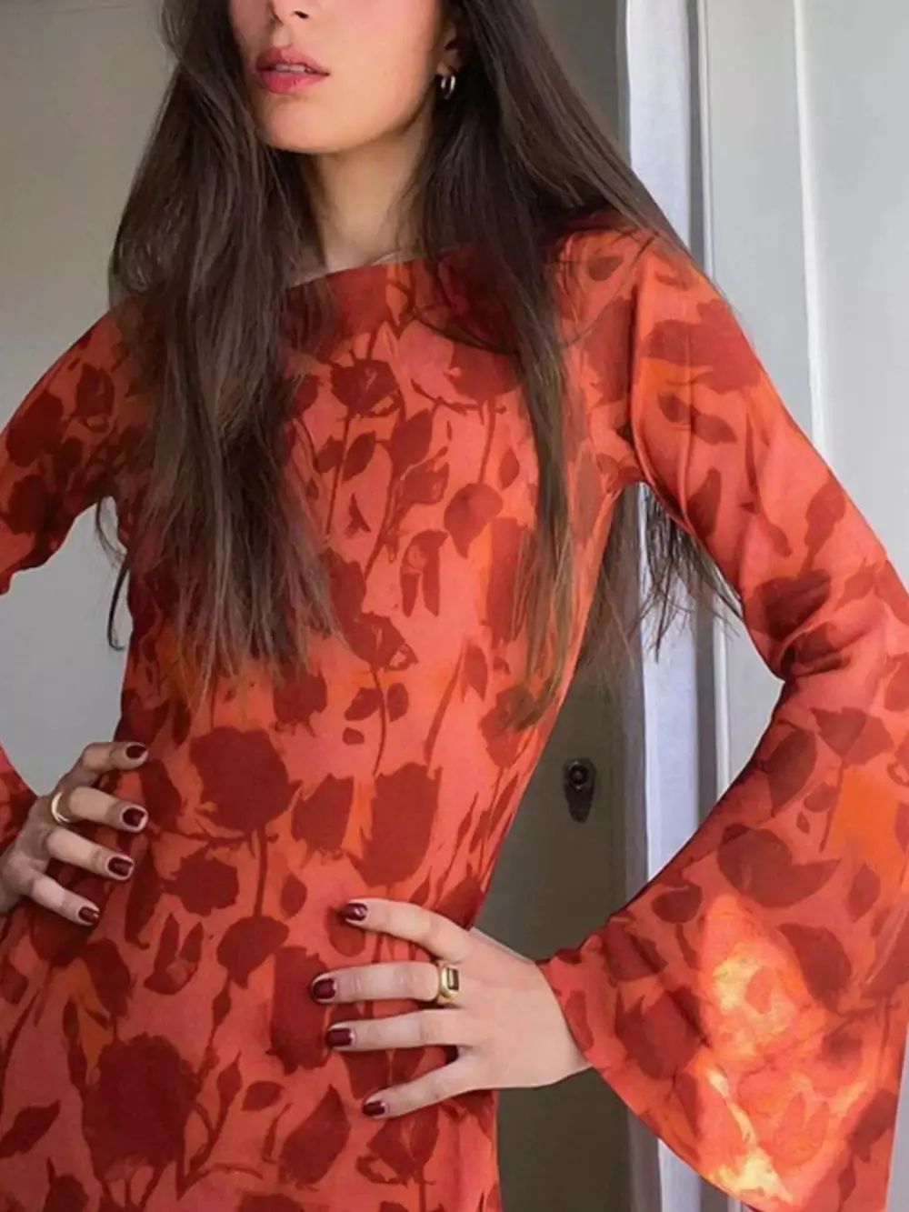 Textured Detail Floral Printed Maxi Dress