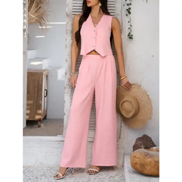 Button Down Vest and Wide Leg Pants Set
