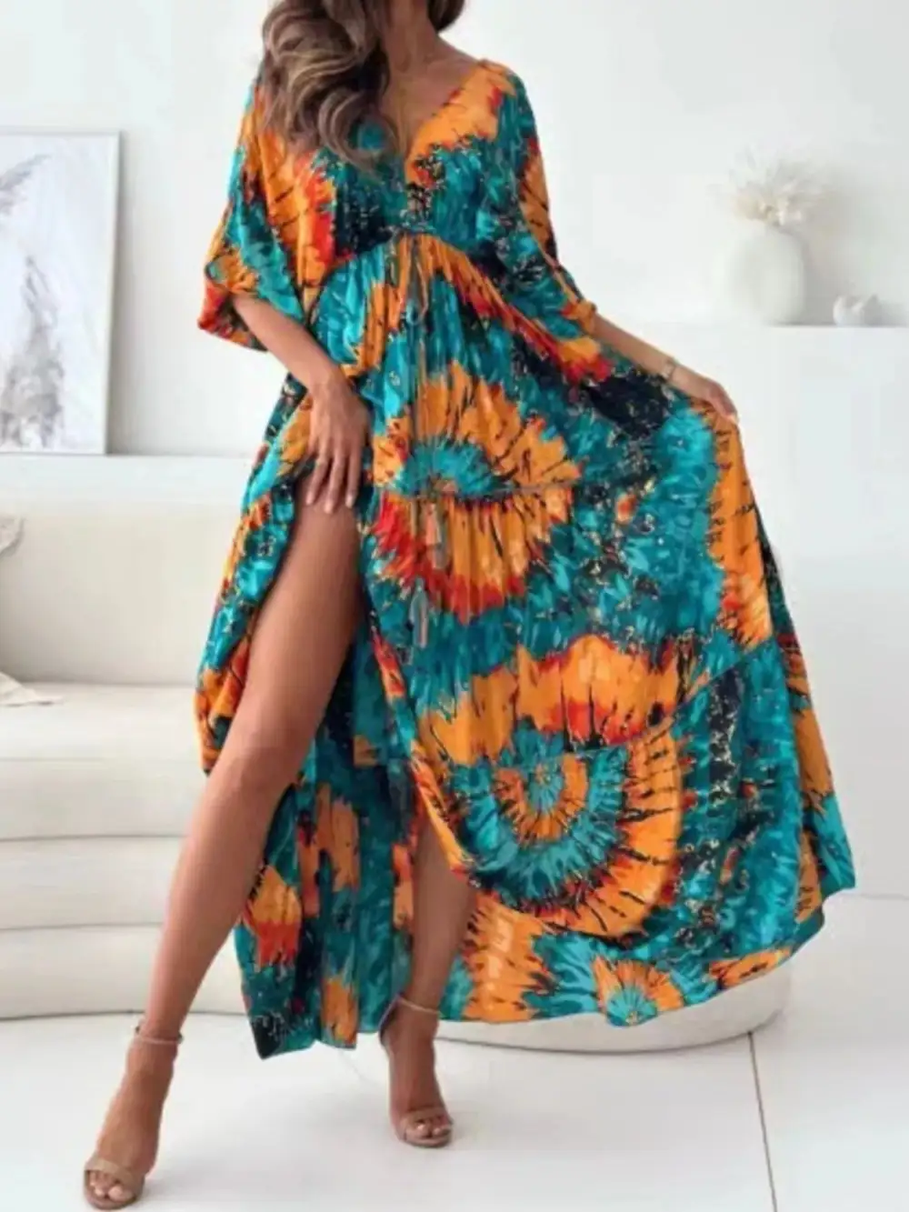 Printed V-Neck Balloon Sleeve Slit Maxi Dress