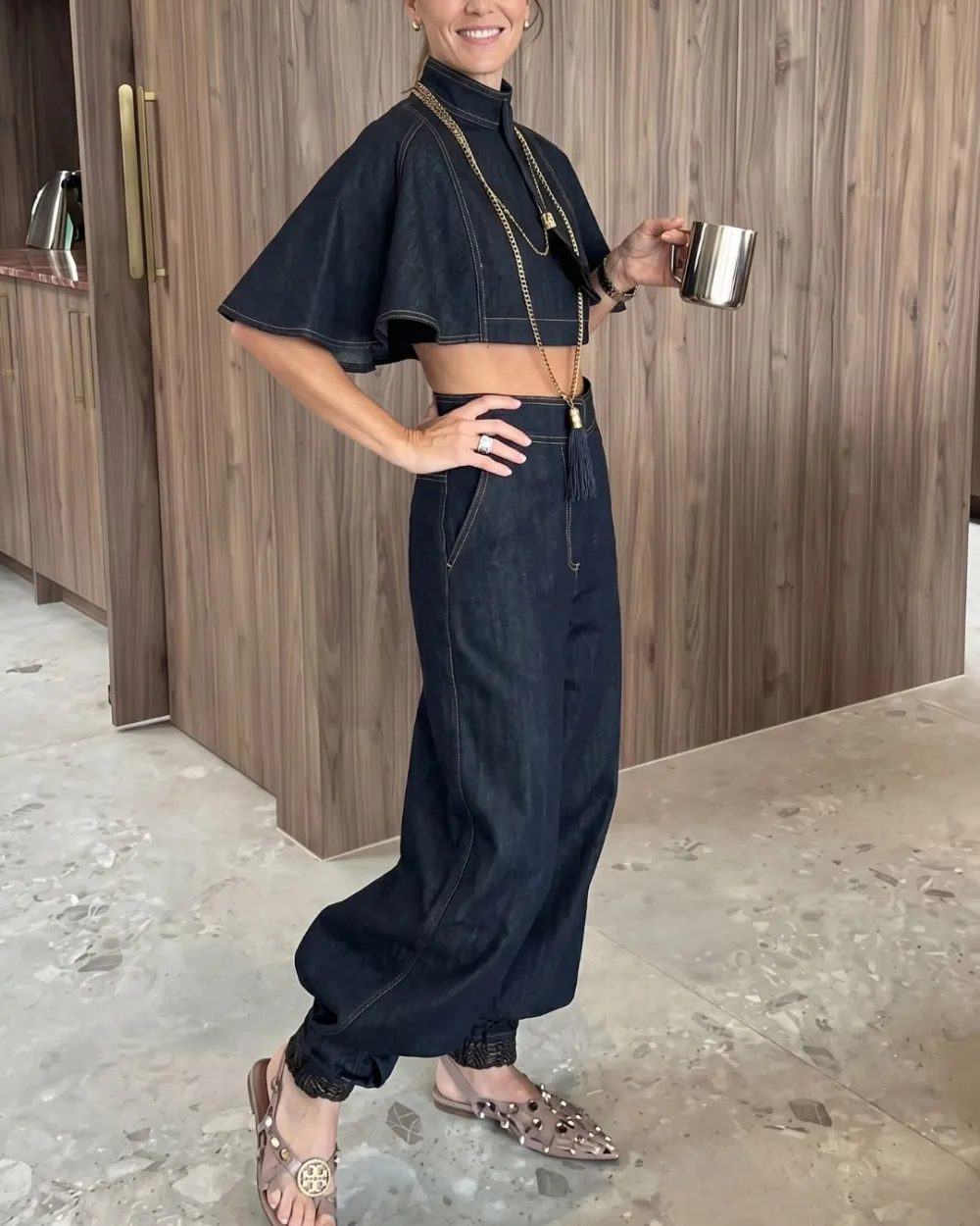 Modern Denim Capelet and High-Waist Tapered Pants Two-Piece Set