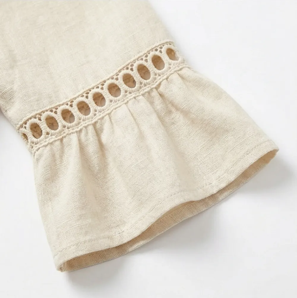 Lace Trim Linen Blend Cotton Blend Midi Dress