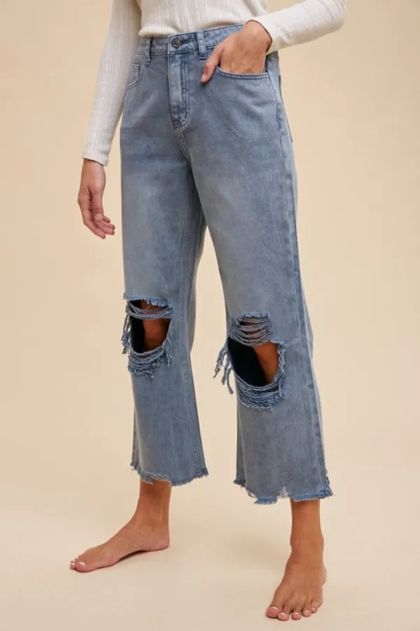 Wear Distressed Raw Hem Denim Jeans