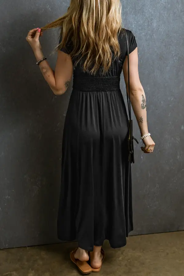 Short Sleeve Shirred High Waist V Neck Maxi Dress
