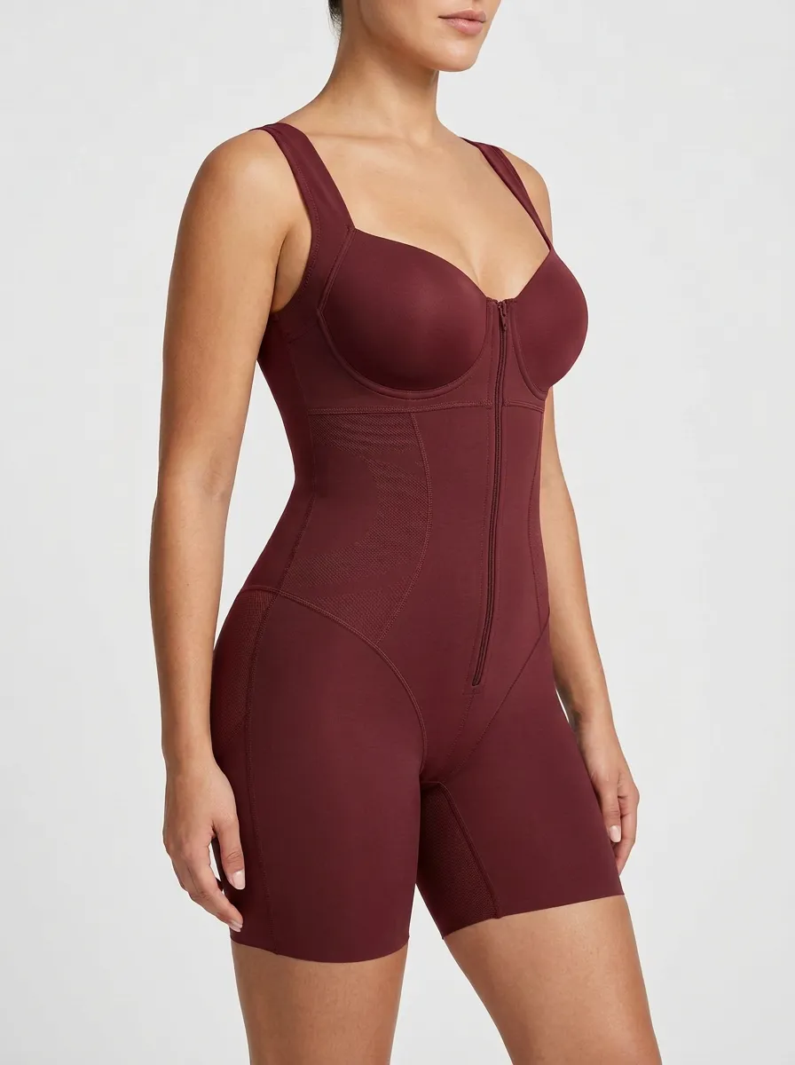 Women's Tummy Control Brown Zippered Sculpting Bodysuit