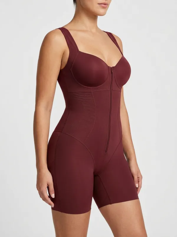 Women's Tummy Control Brown Zippered Sculpting Bodysuit