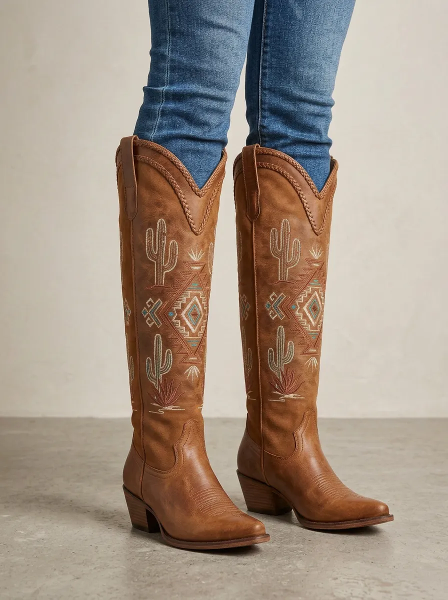 Women's Western Cactus Geometric Embroidered Braided Pointed-Toe Block-Heel Denim Over-the-Knee Boots