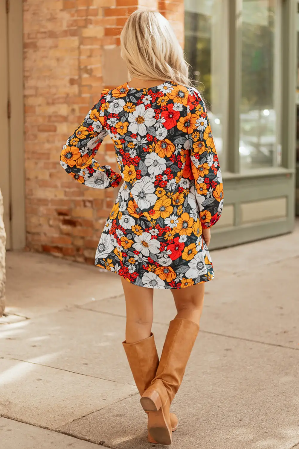 Print Lace V Neck Long Sleeve Mini Dress