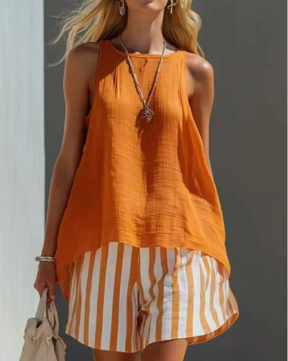 Flared Tank Top and Striped Shorts Set