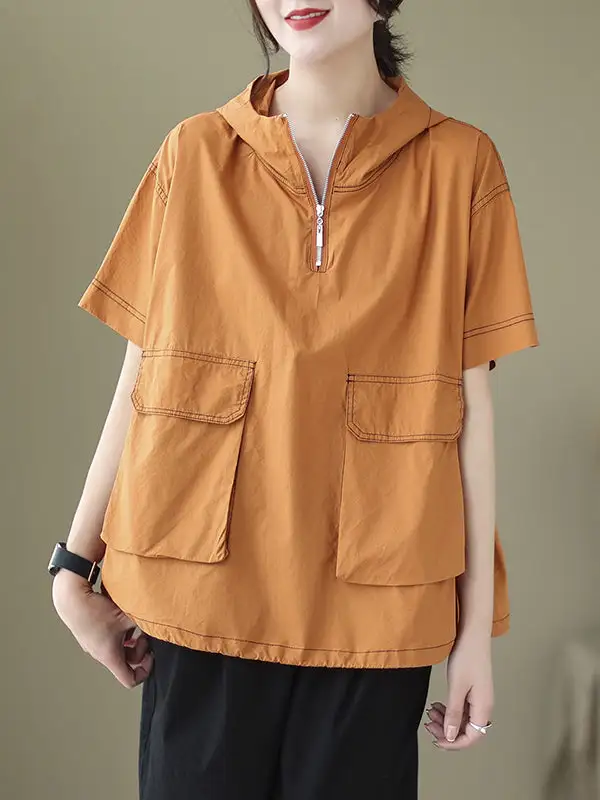 Relaxed Short Sleeve Zip Detail Hooded T-Shirt