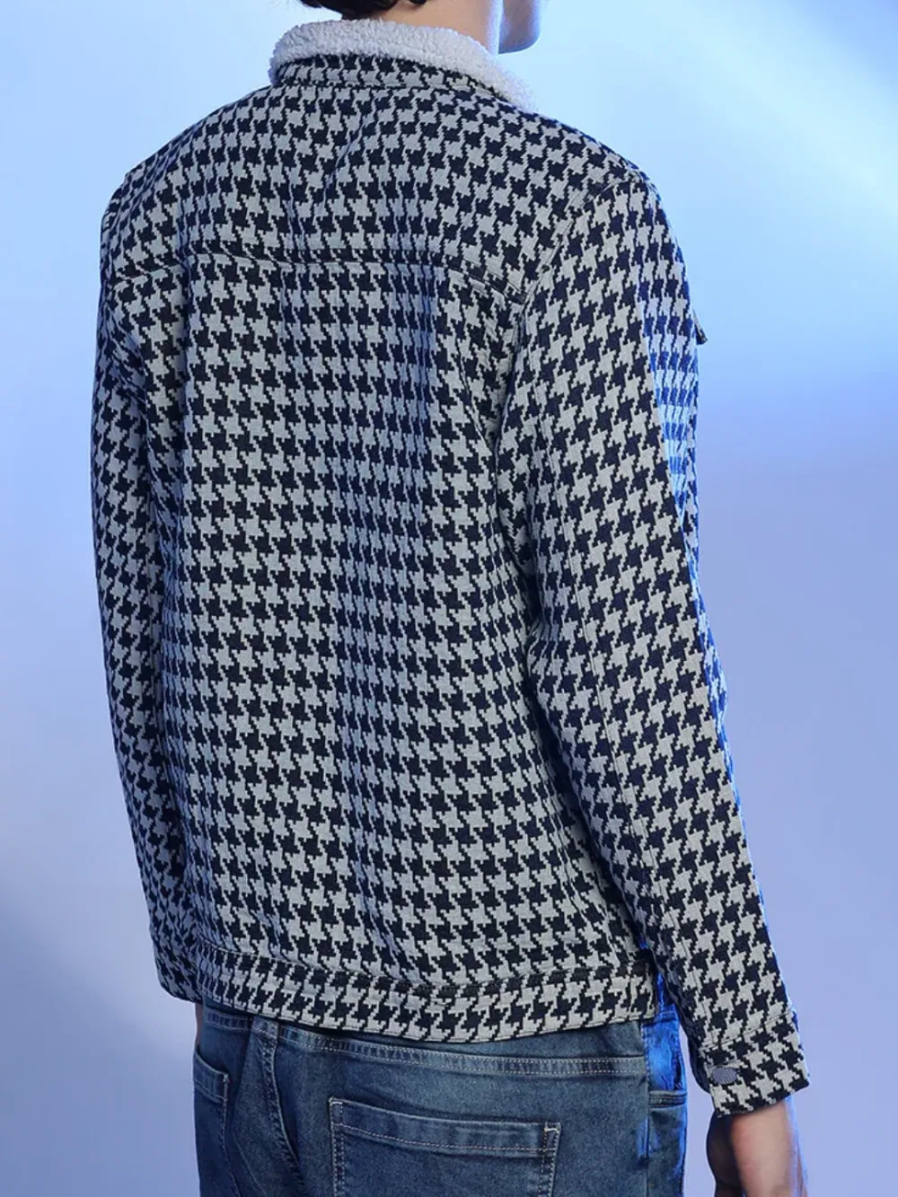Houndstooth Pattern Sherpa Collar Jacket